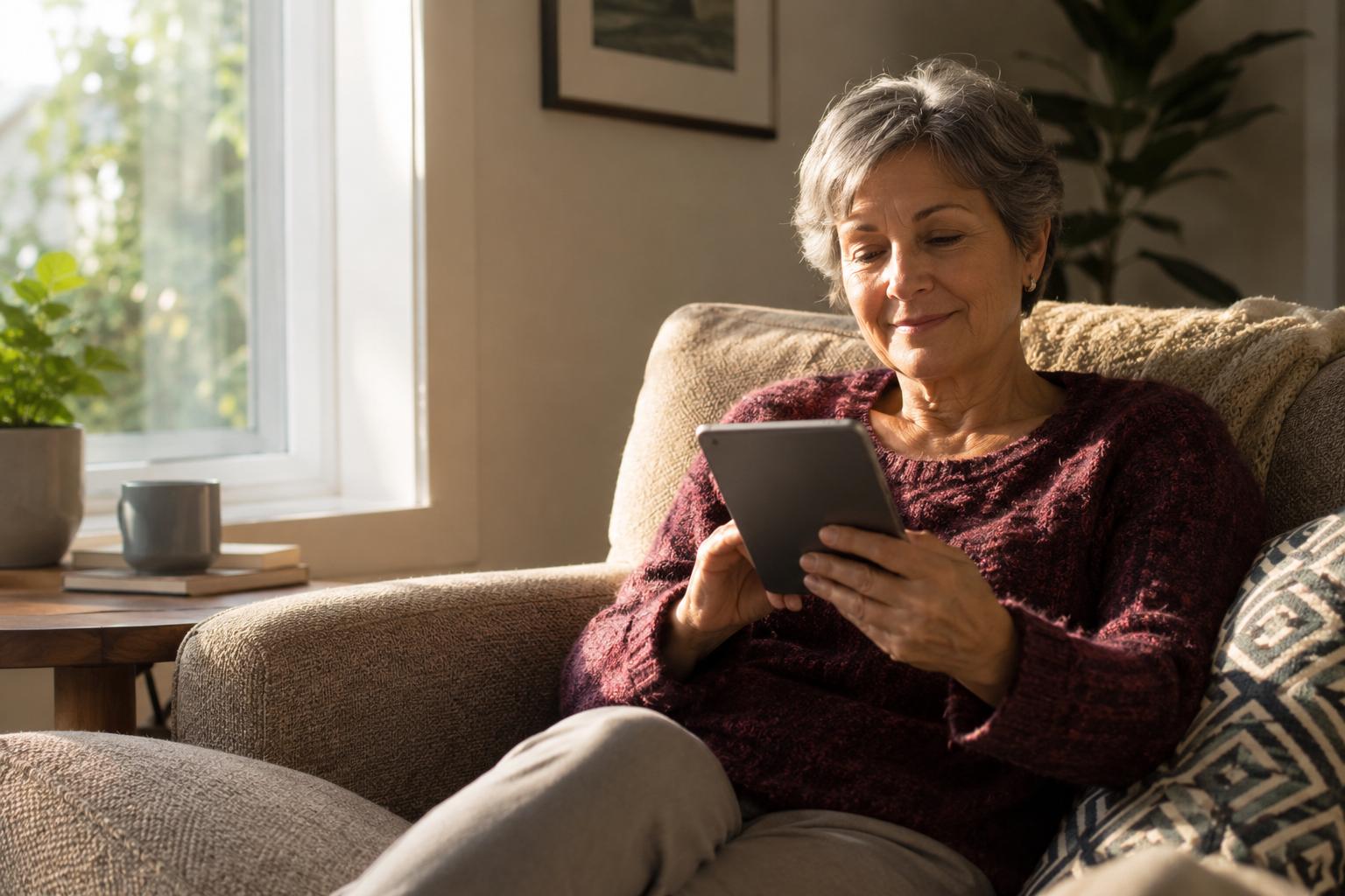 Patient sitting at home reviewing health information on a phone in soft morning light